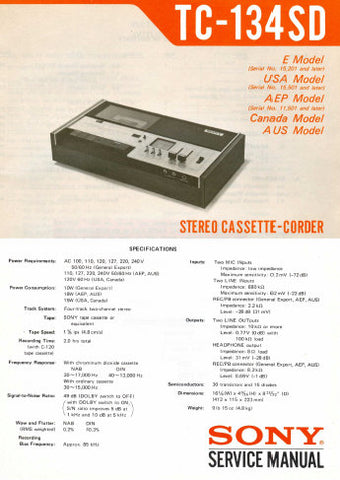 SONY TC-134SD STEREO CASSETTE DECK SERVICE MANUAL INC BLK DIAG PCBS SCHEM DIAGS AND PARTS LIST 38 PAGES ENG