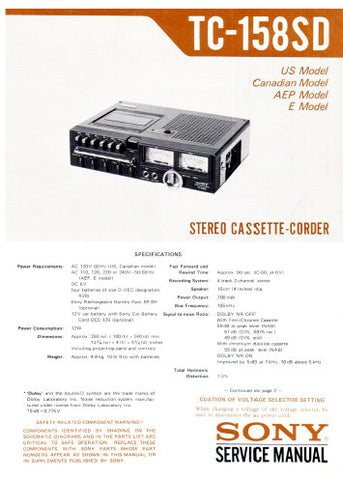 SONY TC-158SD STEREO CASSETTE CORDER SERVICE MANUAL INC BLK DIAG PCB SCHEM DIAG AND PARTS LIST 24 PAGES ENG