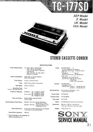 SONY TC-177SD STEREO CASSETTE-CORDER SERVICE MANUAL INC BLK DIAG PCBS SCHEM DIAG AND PARTS LIST 42 PAGES ENG