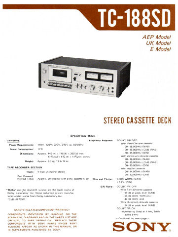SONY TC-188SD STEREO CASSETTE DECK SERVICE MANUAL INC BLK DIAG PCBS SCHEM DIAG AND PARTS LIST 25 PAGES ENG