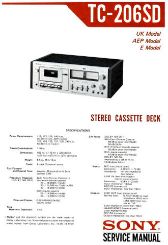 SONY TC-206SD STEREO CASSETTE DECK SERVICE MANUAL INC BLK DIAG PCBS SCHEM DIAG AND PARTS LIST 20 PAGES ENG