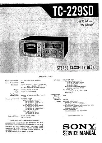 SONY TC-229SD STEREO CASSETTE DECK SERVICE MANUAL INC PCBS SCHEM DIAG AND PARTS LIST 9 PAGES ENG