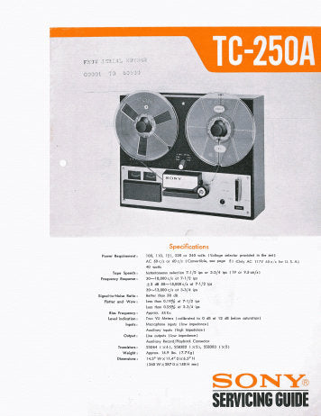 SONY TC-250A STEREO REEL TO REEL TAPE RECORDER SERVICING GUIDE INC BLK DIAG PCBS SCHEM DIAG AND PARTS LIST 26 PAGES ENG