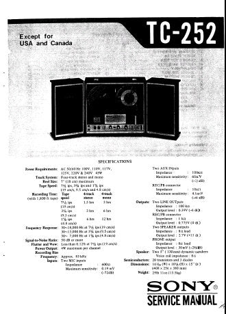 SONY TC-252 FOUR TRACK STEREOPHONIC TAPE RECORDER SERVICE MANUAL INC PCBS SCHEM DIAG AND PARTS LIST 18 PAGES ENG