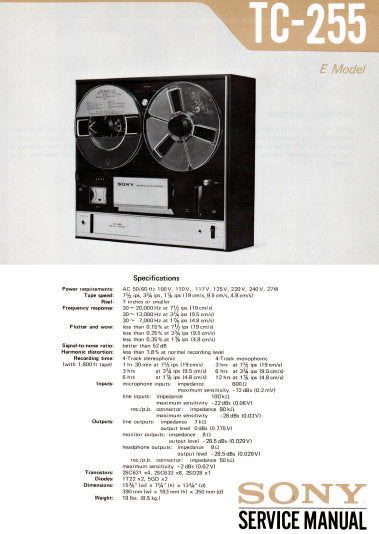 SONY TC-255 STEREO TAPECORDER SERVICE MANUAL INC PCBS SCHEM DIAG AND PARTS LIST 18 PAGES ENG