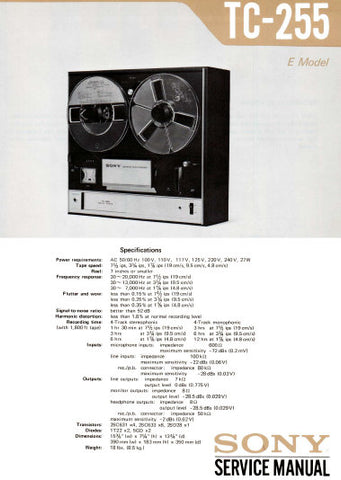 SONY TC-255 STEREO TAPECORDER SERVICE MANUAL INC PCBS SCHEM DIAG AND PARTS LIST 18 PAGES ENG