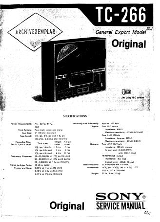 SONY TC-266 FOUR TRACK STEREOPHONIC TAPE DECK SERVICE MANUAL INC PCBS SCHEM DIAG AND PARTS LIST 32 PAGES ENG