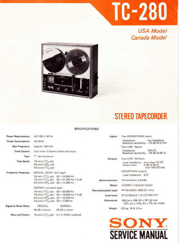 SONY TC-280 STEREO TAPECORDER SERVICE MANUAL INC BLK DIAG PCBS SCHEM DIAG AND PARTS LIST 38 PAGES ENG