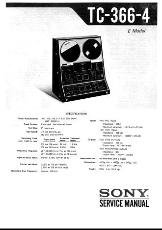 SONY TC-366-4 FOUR TRACK FOUR CHANNEL STEREO TAPE DECK SERVICE MANUAL INC BLK DIAG PCBS SCHEM DIAG AND PARTS LIST 44 PAGES ENG