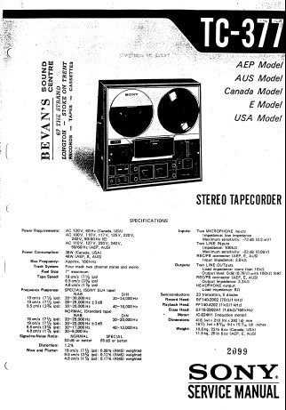 SONY TC-377 FOUR TRACK 2 CHANNEL STEREO TAPECORDER SERVICE MANUAL INC BLK DIAG PCBS SCHEM DIAG AND PARTS LIST 52 PAGES ENG