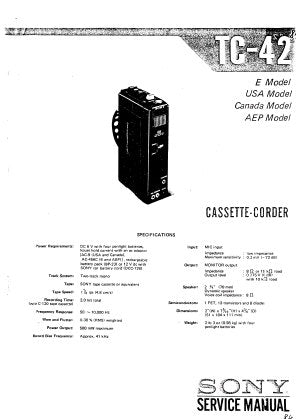 SONY TC-42 CASSETTE-CORDER SERVICE MANUAL INC BLK DIAG PCBS SCHEM DIAG AND PARTS LIST 24 PAGES ENG