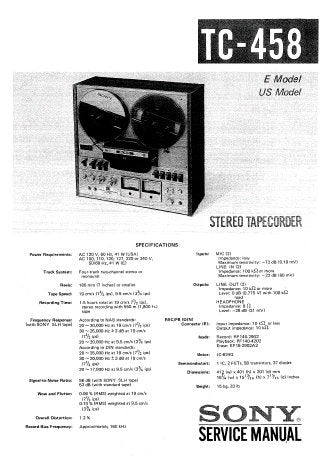 SONY TC-458 FOUR TRACK 2 CHANNEL STEREO TAPECORDER SERVICE MANUAL INC BLK DIAG PCBS SCHEM DIAGS AND PARTS LIST 57 PAGES ENG