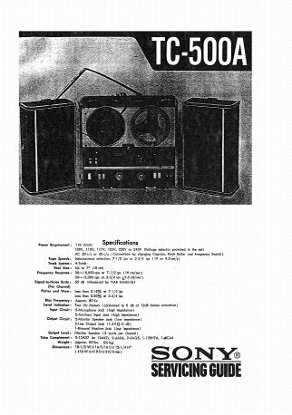 SONY TC-500 TC-500A FOUR TRACK 2 CHANNEL STERECORDER SERVICING GUIDE INC SCHEM DIAGS AND PARTS LIST 64 PAGES ENG