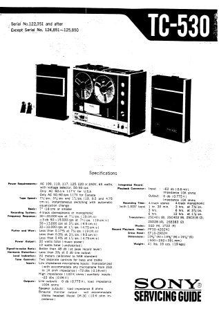 SONY TC-530 4 TRACK STEREOPHONIC TAPE-CORDER SERVICE MANUAL INC BLK DIAG PCBS SCHEM DIAG AND PARTS LIST 28 PAGES ENG