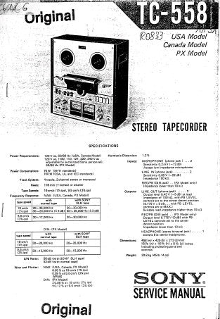 SONY TC-558 4 TRACK 2 CHANNEL STEREO TAPECORDER SERVICE MANUAL INC BLK DIAG SCHEM DIAG AND PARTS LIST 16 PAGES ENG