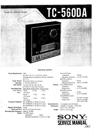 SONY TC-560DA 4 TRACK STEREO TAPE-CORDER SERVICE MANUAL INC BLK DIAG PCBS SCHEM DIAG AND PARTS LIST 32 PAGES ENG