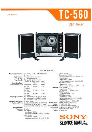 SONY TC-560 4 TRACK STEREO REEL TO REEL TAPE RECORDER SERVICE MANUAL INC BLK DIAG PCBS SCHEM DIAG AND PARTS LIST 54 PAGES ENG