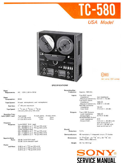 SONY TC-580 STEREO TAPECORDER SERVICE MANUAL INC PCBS SCHEM DIAGS AND PARTS LIST 68 PAGES ENG