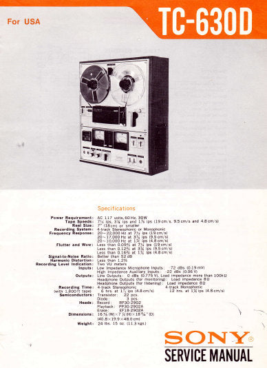 SONY TC-630D STEREO TAPE DECK SERVICE MANUAL INC SCHEM DIAGS 24 PAGES ENG