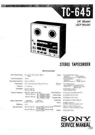 SONY TC-645 FOUR TRACK 2 CHANNEL STEREO TAPECORDER SERVICE MANUAL INC BLK DIAG PCBS SCHEM DIAG AND PARTS LIST 30 PAGES ENG