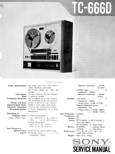 SONY TC-666D STEREO TAPECORDER SERVICE MANUAL INC PCBS SCHEM DIAG AND PARTS LIST 58 PAGES ENG