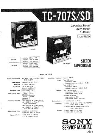 SONY TC-707S TC-707SD TWO TRACK STEREO TAPECORDER SERVICE MANUAL INC BLK DIAGS PCBS SCHEM DIAGS AND PARTS LIST 36 PAGES ENG
