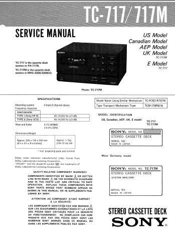 SONY TC-717 TC-717M STEREO CASSETTE TAPE DECK SERVICE MANUAL INC BLK DIAG PCBS SCHEM DIAG AND PARTS LIST 14 PAGES ENG