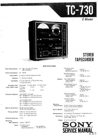 SONY TC-730 FOUR TRACK STEREO TAPECORDER SERVICE MANUAL INC BLK DIAG PCBS SCHEM DIAG AND PARTS LIST 75 PAGES ENG