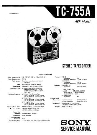 SONY TC-755A FOUR TRACK TWO CHANNEL STEREO TAPECORDER SERVICE MANUAL INC BLK DIAG PCBS SCHEM DIAGS AND PARTS LIST 46 PAGES ENG