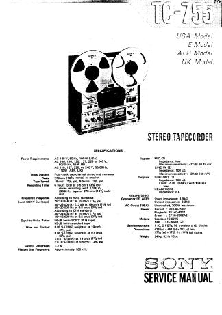 SONY TC-755 FOUR TRACK 2 CHANNEL STEREO TAPECORDER SERVICE MANUAL INC BLK DIAG PCBS SCHEM DIAGS AND PARTS LIST 69 PAGES ENG