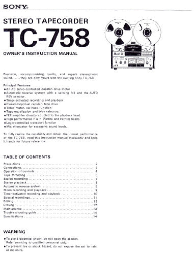SONY TC-758 STEREO TAPECORDER OWNER'S INSTRUCTION MANUAL 13 PAGES ENG