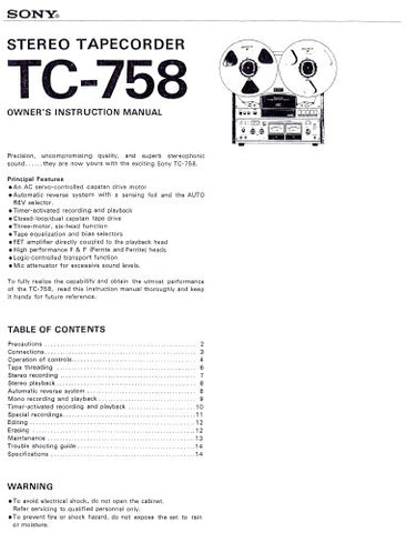 SONY TC-758 STEREO TAPECORDER OWNER'S INSTRUCTION MANUAL 13 PAGES ENG