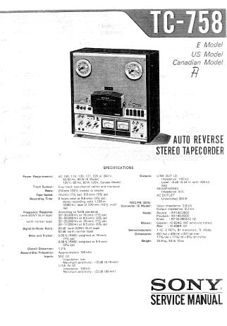 SONY TC-758 FOUR TRACK TWO CHANNEL AUTO REVERSE STEREO TAPECORDER SERVICE MANUAL INC BLK DIAG PCBS SCHEM DIAGS AND PARTS LIST 59 PAGES ENG