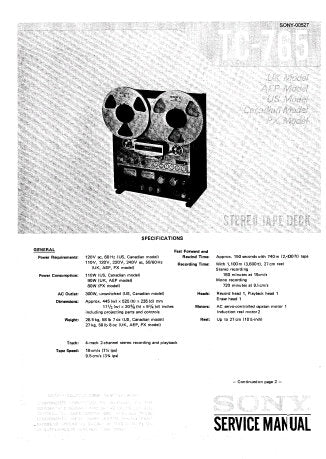 SONY TC-765 4 TRACK 2 CHANNEL STEREO TAPE DECK SERVICE MANUAL INC BLK DIAG PCBS SCHEM DIAGS AND PARTS LIST 42 PAGES ENG