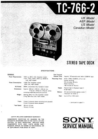 SONY TC-766-2 4 TRACK 2 CHANNEL STEREO TAPE DECK SERVICE MANUAL INC BLK DIAGS PCBS SCHEM DIAGS AND PARTS LIST 66 PAGES ENG