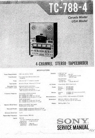 SONY TC-788-4 4 TRACK 4 CHANNEL STEREO TAPECORDER SERVICE MANUAL INC BLK DIAGS PCBS SCHEM DIAGS AND PARTS LIST 71 PAGES ENG