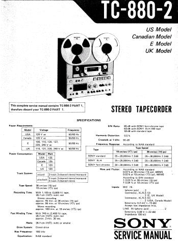 SONY TC-880-2 STEREO TAPECORDER SERVICE MANUAL INC BLK DIAG PCBS SCHEM DIAGS AND PARTS LIST 47 PAGES ENG