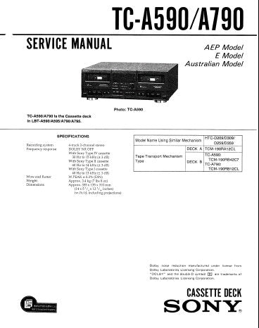 SONY TC-A590 TC-A790 4 TRACK 2 CHANNEL STEREO CASSETTE TAPE DECK SERVICE MANUAL INC BLK DIAG PCBS SCHEM DIAG AND PARTS LIST 27 PAGES ENG