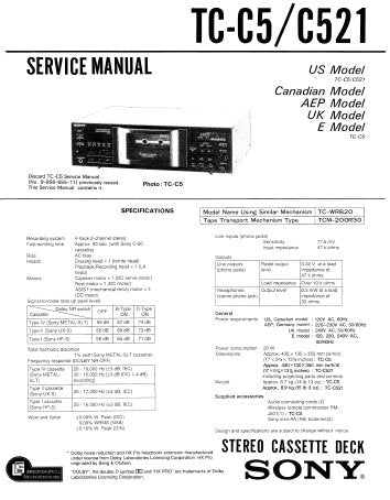 SONY TC-C521 STEREO CASSETTE TAPE DECK SERVICE MANUAL INC BLK DIAG PCBS SCHEM DIAGS AND PARTS LIST 41 PAGES ENG