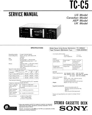 SONY TC-C5 STEREO CASSETTE TAPE DECK SERVICE MANUAL INC BLK DIAG PCBS SCHEM DIAGS AND PARTS LIST 45 PAGES ENG