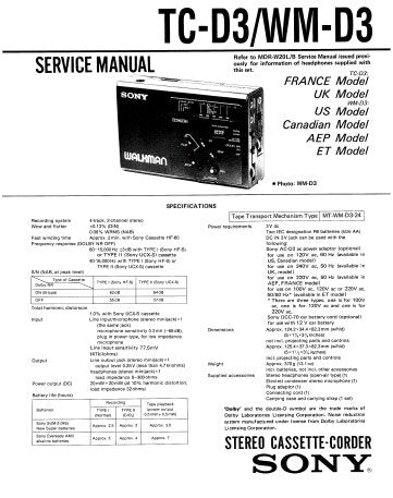 SONY TC-D3 STEREO CASSETTE CORDER SERVICE MANUAL INC BLK DIAG PCBS SCHEM DIAG AND PARTS LIST 23 PAGES ENG