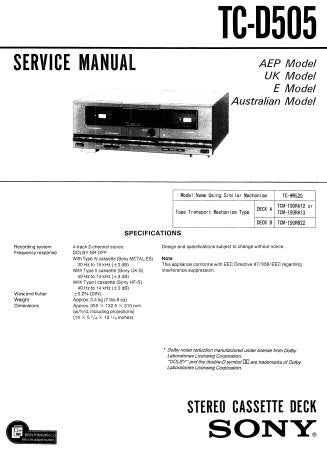 SONY TC-D505 STEREO CASSETTE TAPE DECK SERVICE MANUAL INC BLK DIAG PCBS SCHEM DIAG AND PARTS LIST 26 PAGES ENG