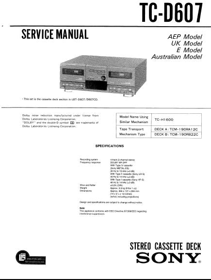 SONY TC-D607 STEREO CASSETTE TAPE DECK SERVICE MANUAL INC PCBS SCHEM DIAGS AND PARTS LIST 29 PAGES ENG
