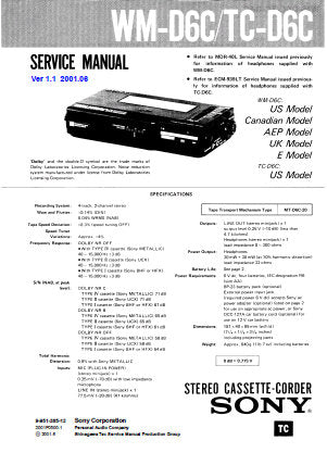 SONY TC-D6C WM-D6C STEREO CASSETTE CORDER SERVICE MANUAL INC BLK DIAG PCBS SCHEM DIAGS AND PARTS LIST 49 PAGES ENG