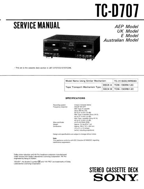 SONY TC-D707 STEREO CASSETTE TAPE DECK SERVICE MANUAL INC PCBS SCHEM DIAGS AND PARTS LIST 28 PAGES ENG