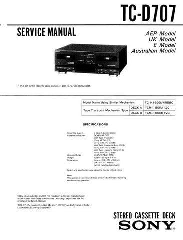 SONY TC-D707 STEREO CASSETTE TAPE DECK SERVICE MANUAL INC PCBS SCHEM DIAGS AND PARTS LIST 28 PAGES ENG