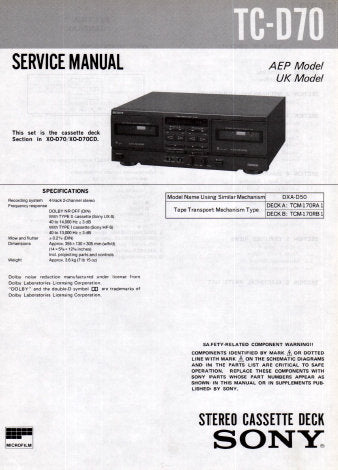 SONY TC-D70 STEREO DOUBLE CASSETTE DECK SERVICE MANUAL INC PCBS SCHEM DIAG AND PARTS LIST 10 PAGES ENG