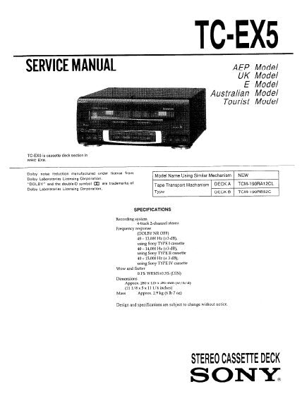 SONY TC-EX5 STEREO DOUBLE CASSETTE TAPE DECK SERVICE MANUAL INC BLK DIAGS PCBS SCHEM DIAG AND PARTS LIST 24 PAGES ENG