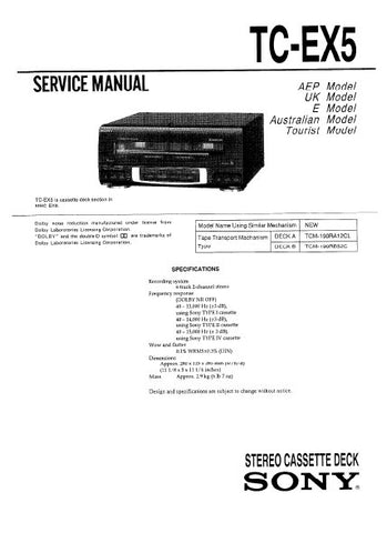 SONY TC-EX5 STEREO DOUBLE CASSETTE TAPE DECK SERVICE MANUAL INC BLK DIAGS PCBS SCHEM DIAG AND PARTS LIST 24 PAGES ENG