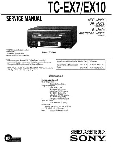 SONY TC-EX7 TC-EX10 STEREO DOUBLE CASSETTE TAPE DECK SERVICE MANUAL INC BLK DIAG PCBS SCHEM DIAG AND PARTS LIST 26 PAGES ENG